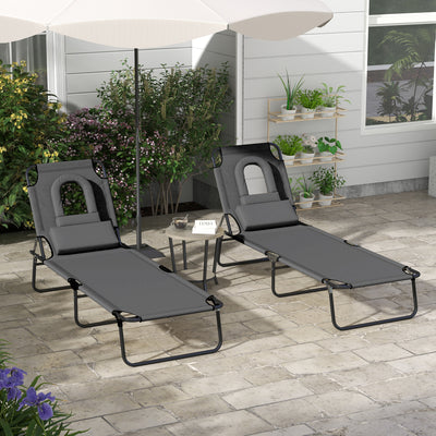 Outsunny Outdoor Foldable Sun Lounger Set of 2, 4 Level Adjustable Backrest Reclining Sun Lounger Chair with Pillow and Reading Hole, Dark Grey 