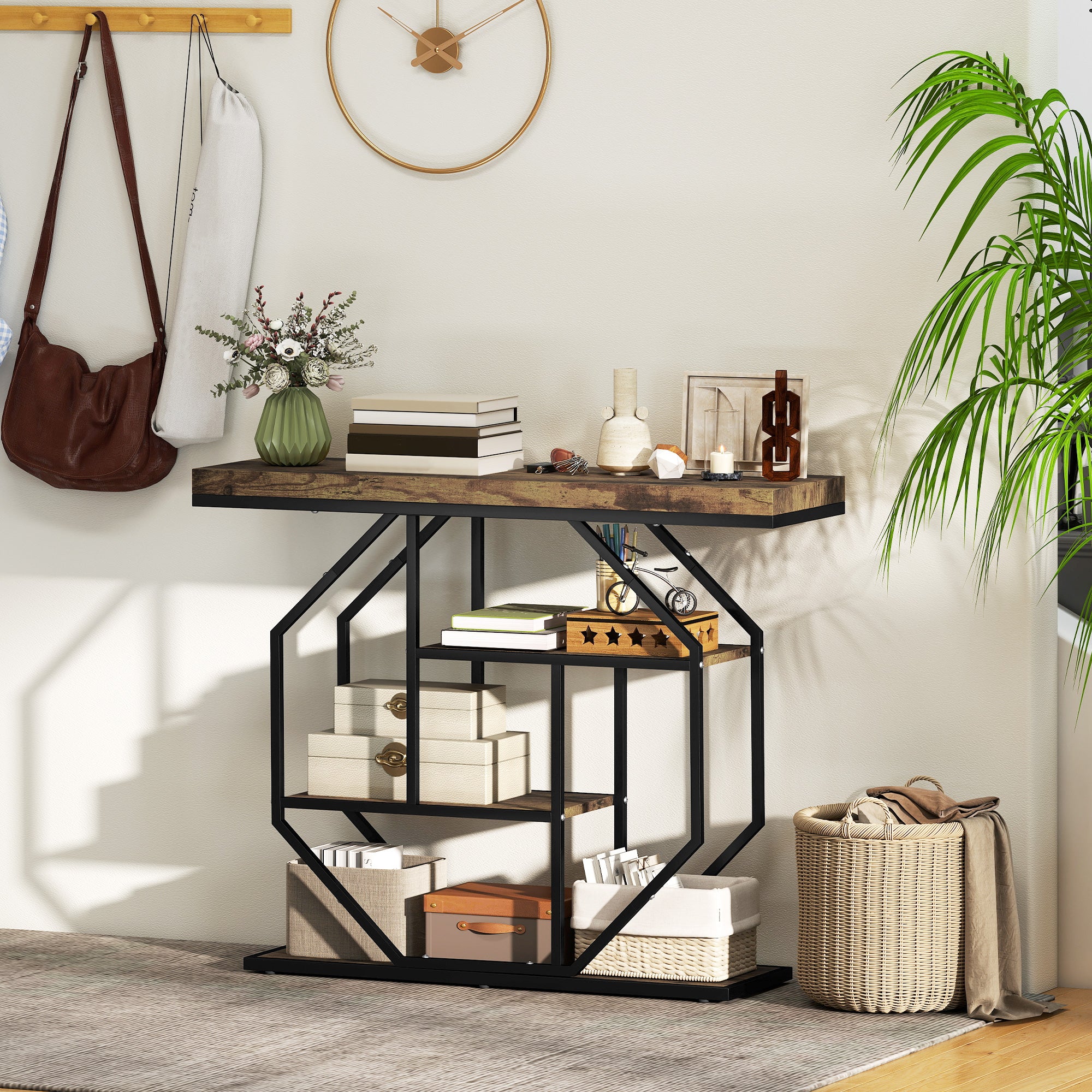 HOMCOM 4-Tier Industrial Console Table - Rustic Brown 