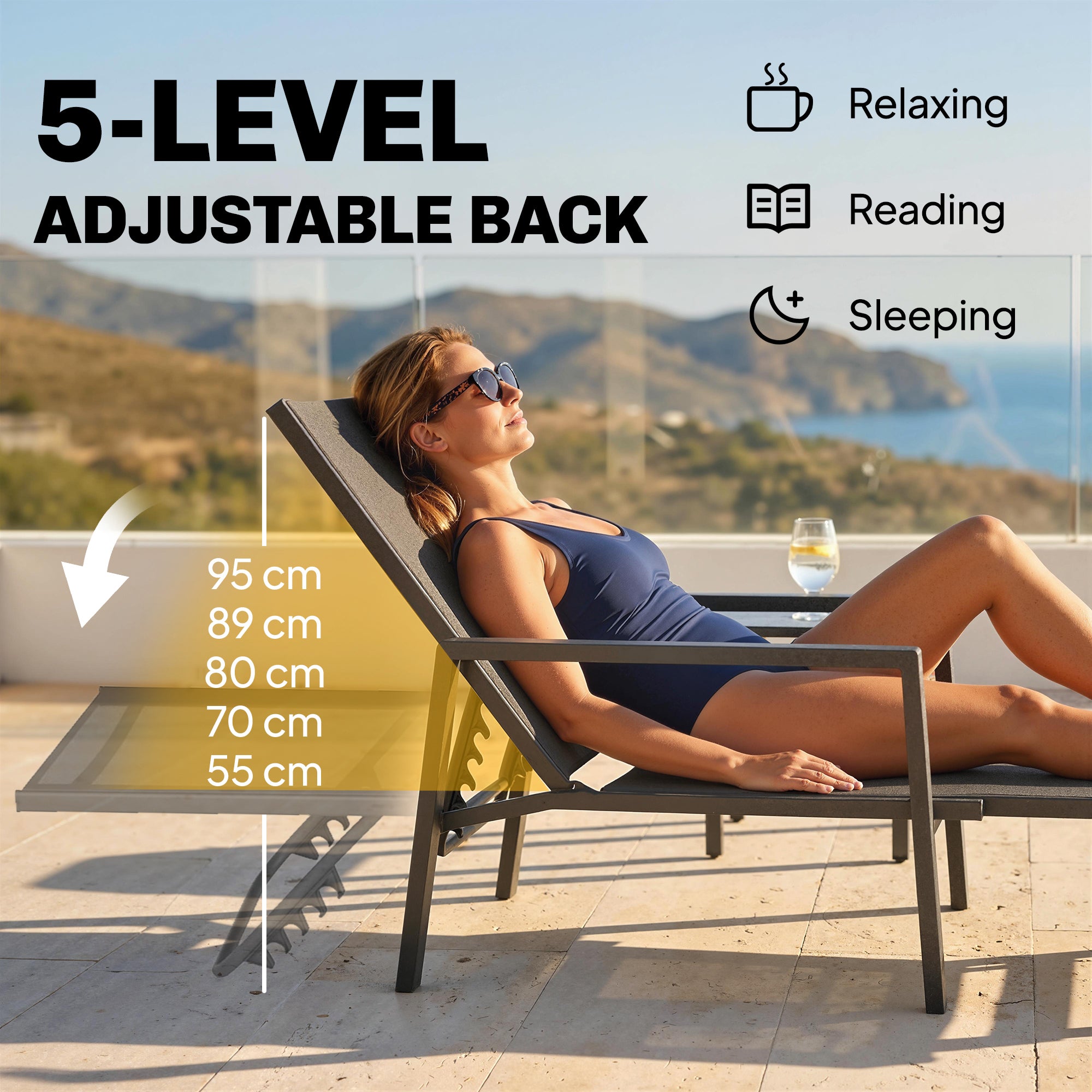 Outsunny Sun Lounger Retractable Footrest 5-Position Adjustable Steel Frame for Beach, Porch, Patio, Camping, Black 