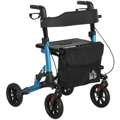 HOMCOM Folding Rollator Walker with Seat, Backrest, Lightweight Walking Frame with Storage Bag, Dual Brakes, Adjustable Handle Height, Suspension System, 4 Wheeled Walker for Seniors, Blue 