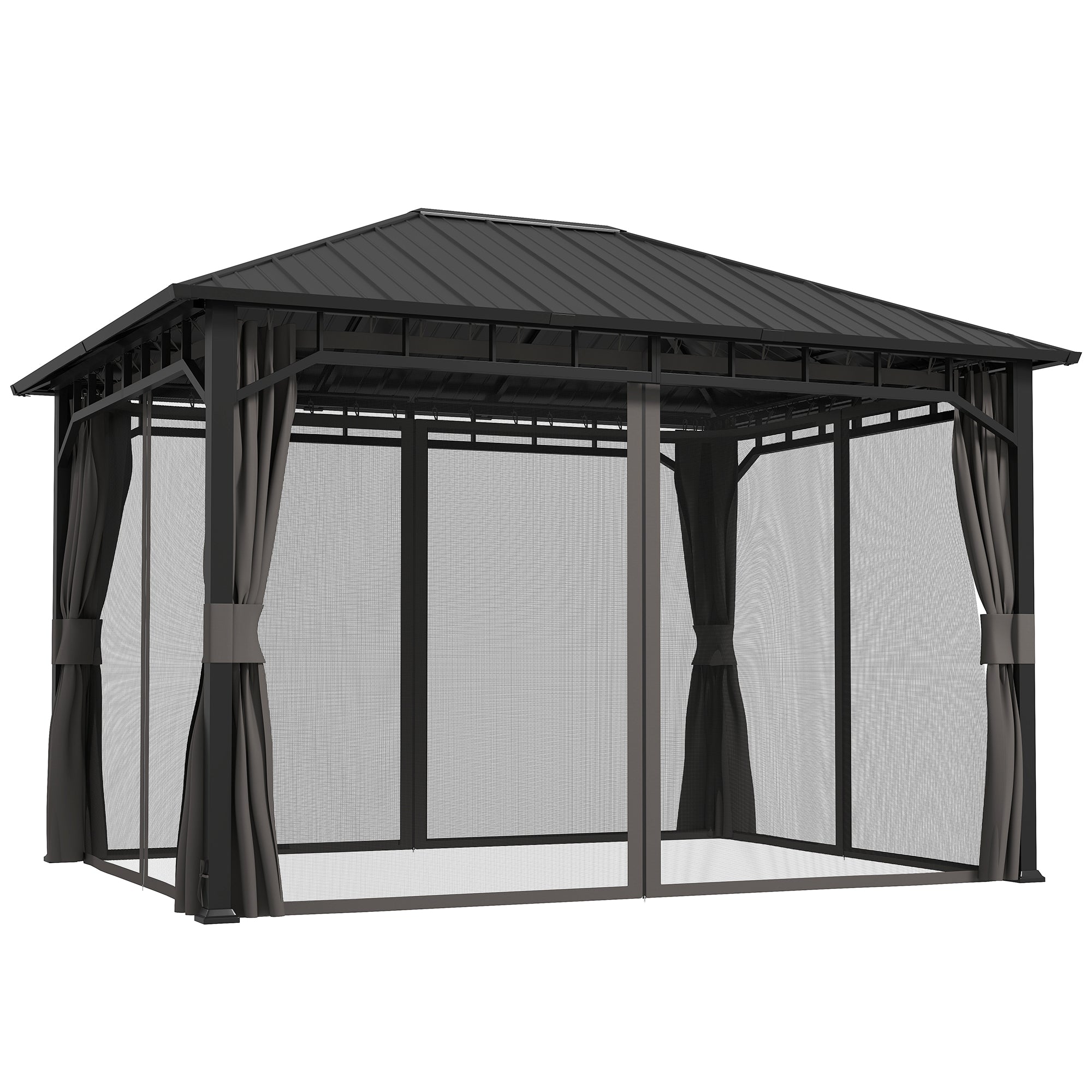 Outsunny 3 x 4m Hardtop Gazebo with Galvanised Steel Roof and Water Gutter, Waterproof Permanent Pavilion Garden Gazebo with Netting and Curtains for Patio, Deck 