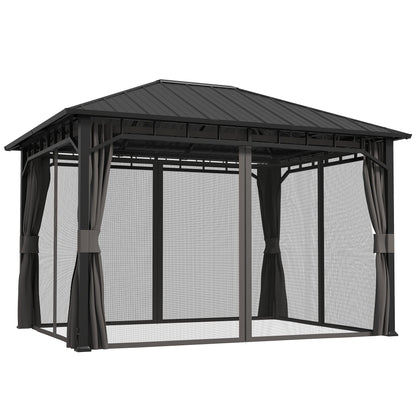 Outsunny 3 x 4m Hardtop Gazebo with Galvanised Steel Roof and Water Gutter, Waterproof Permanent Pavilion Garden Gazebo with Netting and Curtains for Patio, Deck 