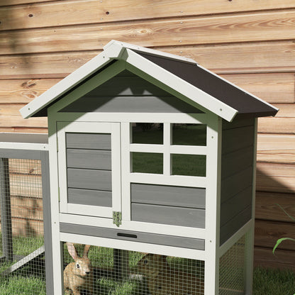 PawHut Rabbit Hutch Outdoor Wooden Guinea Pig Hutch Rabbit Run Bunny Cage Small Animal House Pull-Out Tray, Grey, 122 x 62.6 x 92 cm 