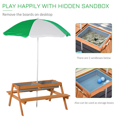 Outsunny Kids Picnic Table with Benches, Wooden Sand and Water Table, Adjustable Parasol, Storage Bins, for Kids 3-6 Years, Brown 