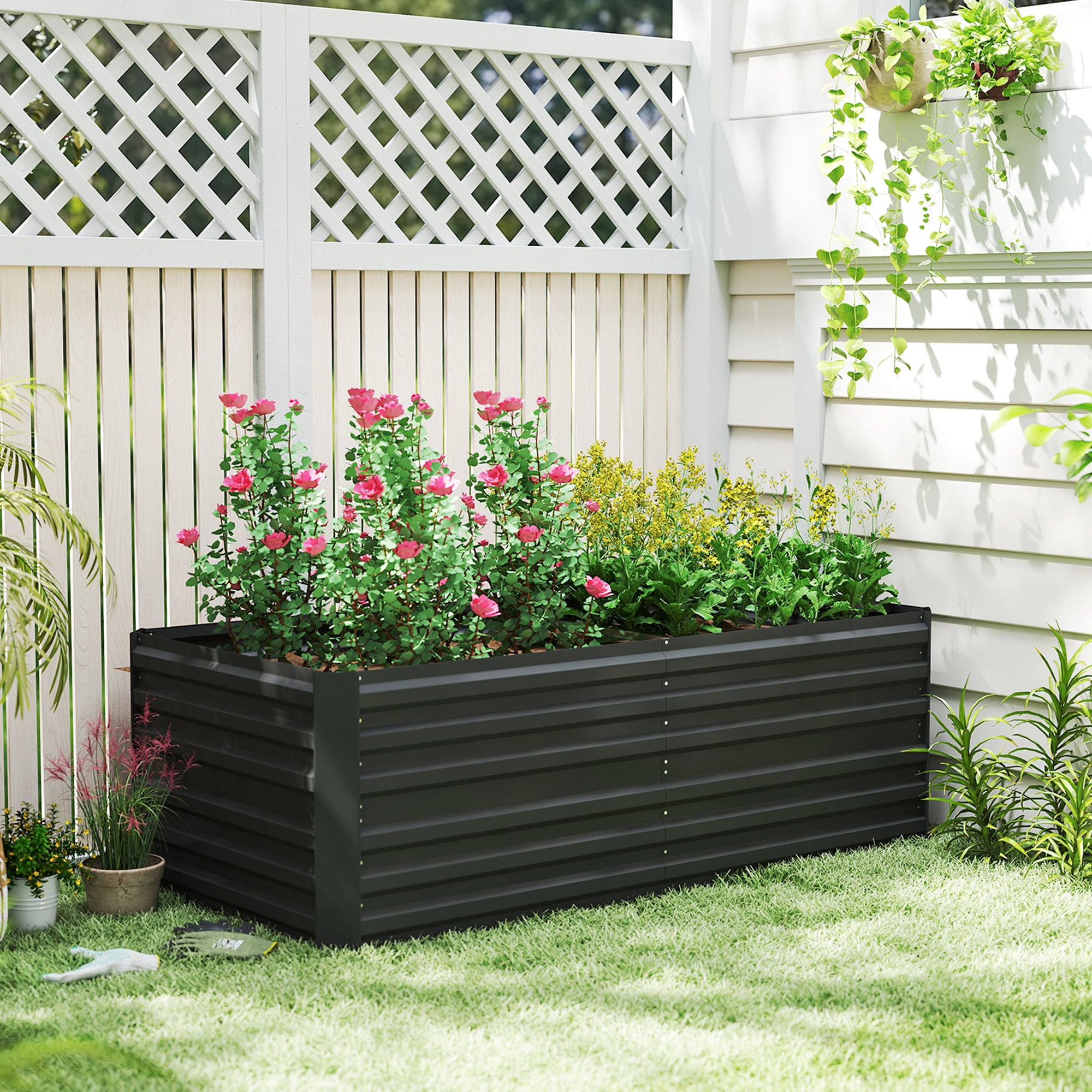 Outsunny Raised Beds for Garden, Galvanised Steel Outdoor Planters with Multi-reinforced Rods, 180 x 90 x 59 cm, Black 
