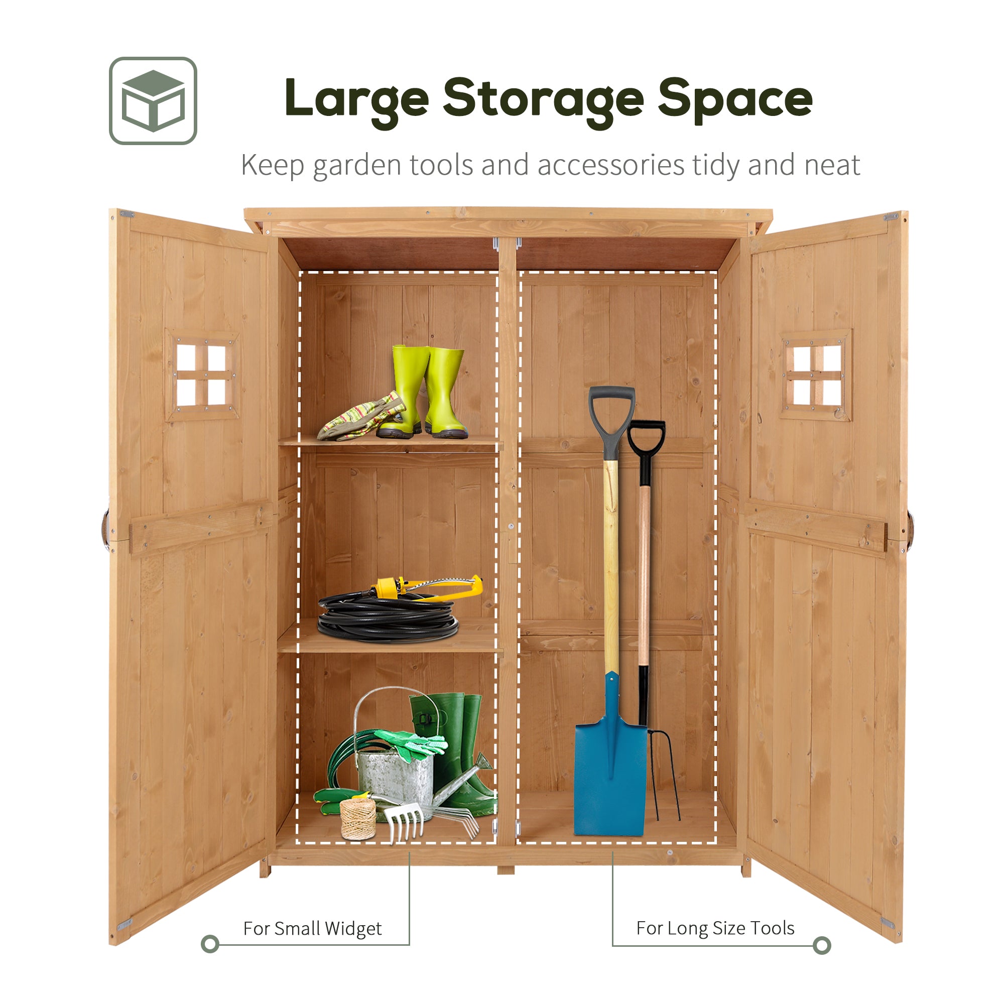 Outsunny Wooden Garden Shed with Two Windows, Tool Storage Cabinet, Outdoor Double Door Organizer 127.5L x 50W x 164H cm, Natural 