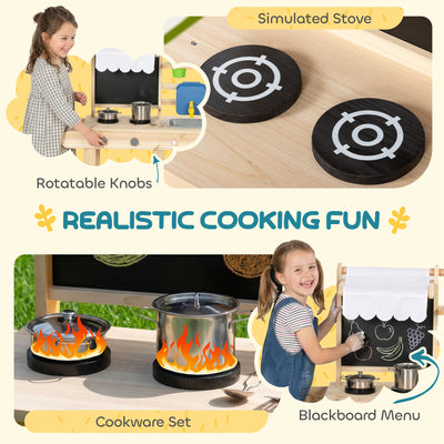 AIYAPLAY Mud Kitchen with Real Water Faucet Pretend Play Kitchen Playset with Sink and Storage Natural Wood 