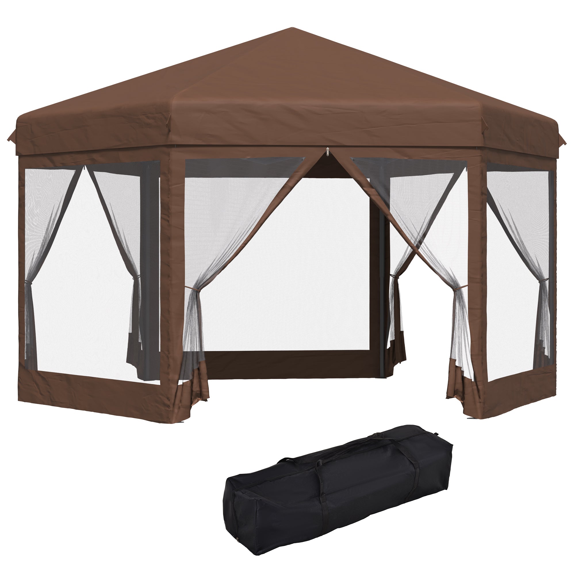 Outsunny 3.5m x 4m Hexagonal Pop Up Gazebo, Canopy Tent Sun Shelter for Patio Outdoor Party, Height Adjustable, with Mosquito Netting and Carry Bag - Brown 