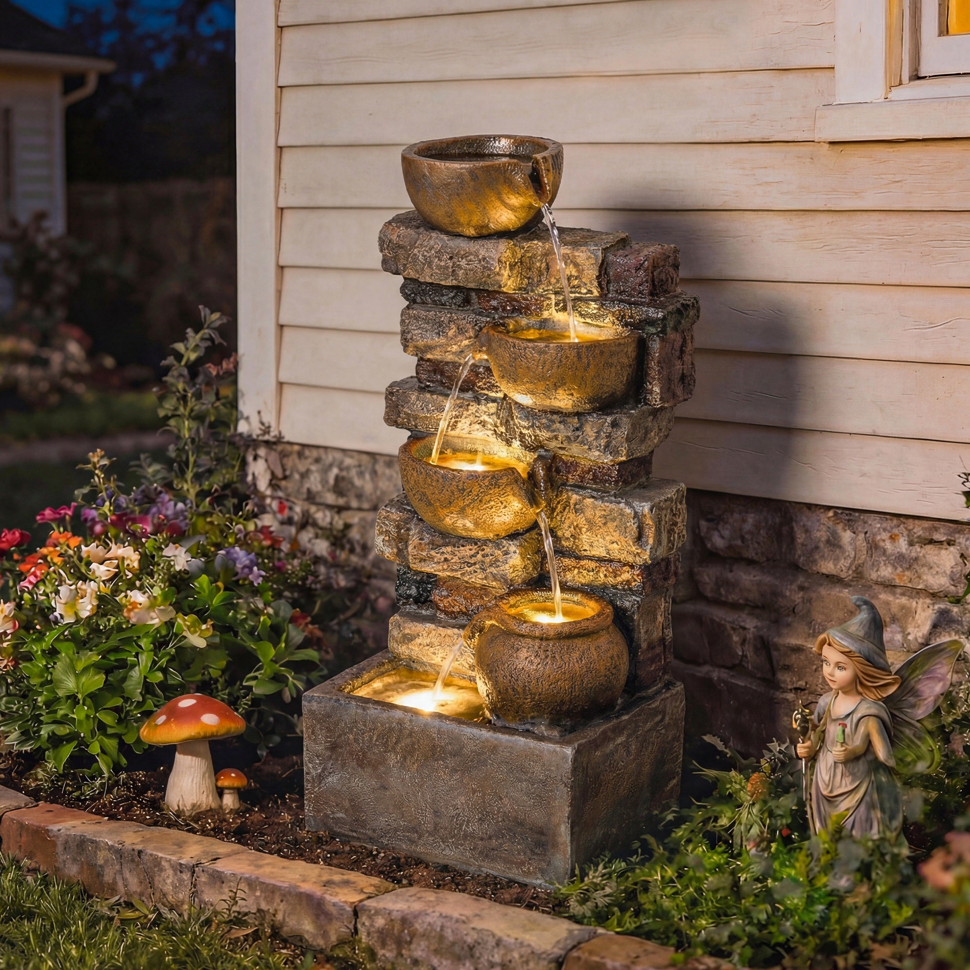 Outsunny 28" 5-Tier Outdoor Fountain, Cascading Waterfall Feature with LED Lights, Adjustable Flow, Rustic Brown 