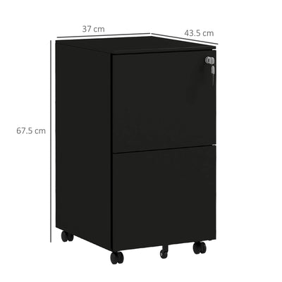 Vinsetto 2-Drawer Vertical Filing Cabinet with Lock and 5 Wheels, Steel Mobile File Cabinet, for A4, Legal and Letter Size, Pre-Assembled Body, Black 