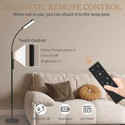 HOMCOM LED Floor Lamp, Standing Lamp with Remote & Touch Control, Stepless Dimmable Colours Temperature & Brightness, 360° Adjustable Gooseneck, 1 Hour Timer, Memory Function for Living Room, Black 