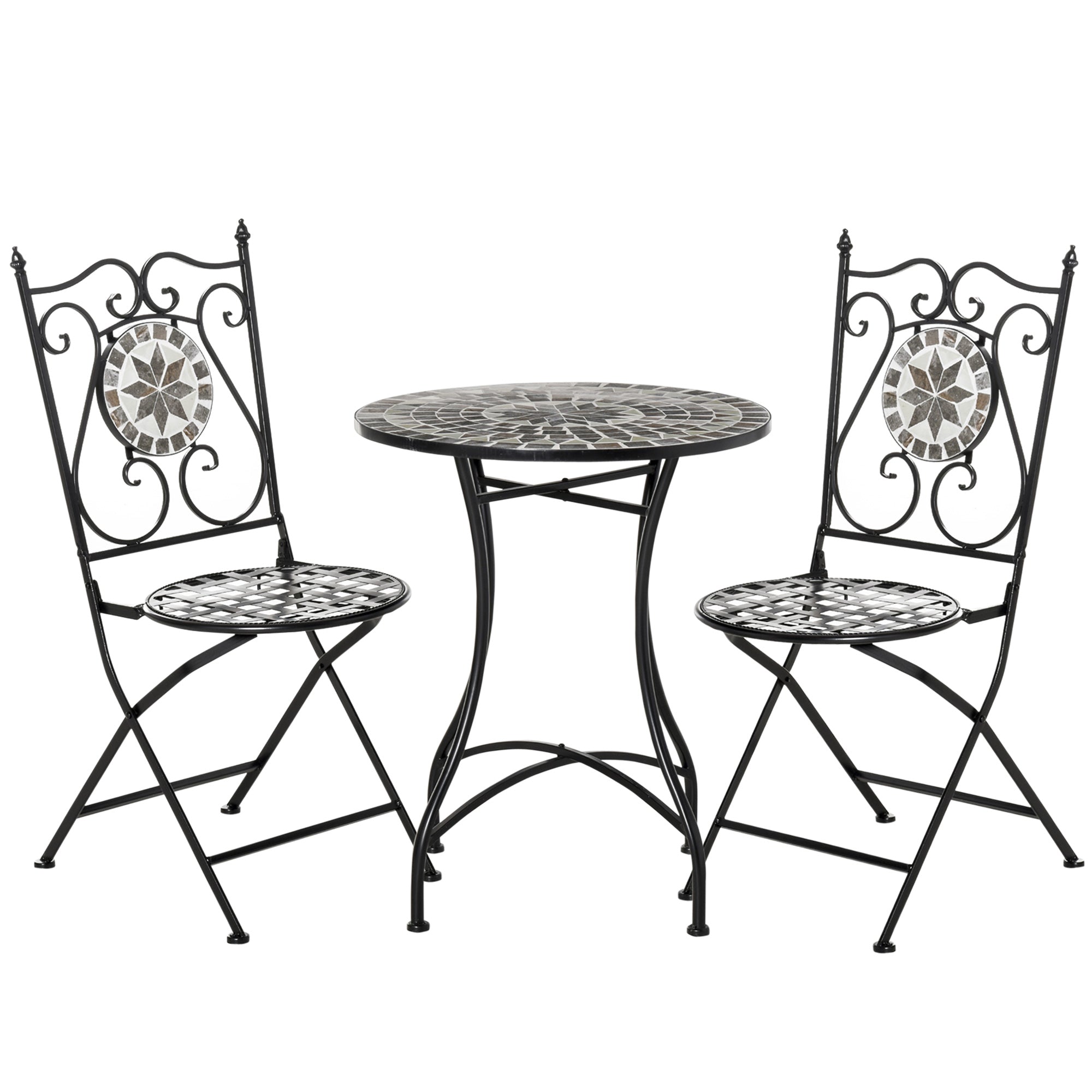 Outsunny 3 Pcs Mosaic Tile Garden Bistro Set Outdoor Seating w/ Table 2 Folding Chairs Set Metal Frame Elegant Scrolling Indoor Patio Balcony 