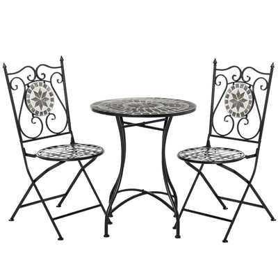 Outsunny 3 Pcs Mosaic Tile Garden Bistro Set Outdoor Seating w/ Table 2 Folding Chairs Set Metal Frame Elegant Scrolling Indoor Patio Balcony 