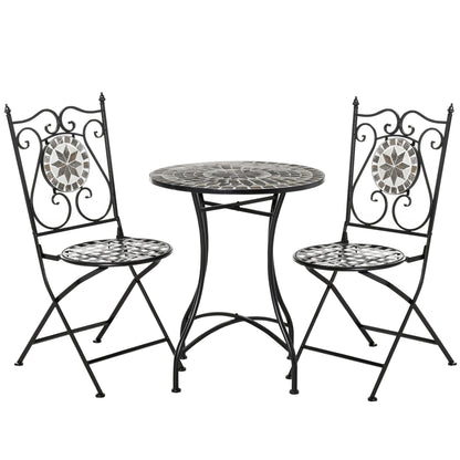 Outsunny 3 Pcs Mosaic Tile Garden Bistro Set Outdoor Seating w/ Table 2 Folding Chairs Set Metal Frame Elegant Scrolling Indoor Patio Balcony 