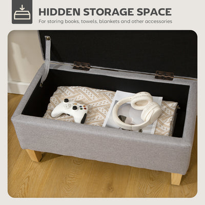HOMCOM 30L Linen Storage Ottoman Padded Footstool with Rubberwood Legs for Storage Box, Bed End, Shoe Bench, Seating, Light Grey 