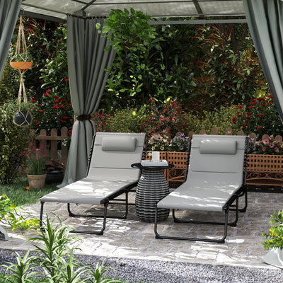 Outsunny Folding Sun Loungers Set of 2, Recliner Garden Chairs with Quick Drying Pad Headrest Side Pocket, Garden Sun Loungers for Beach Pool, Light Grey 