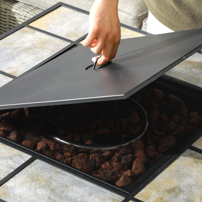 Outsunny Square Outdoor PE Rattan Fire Pit TableGas Burner Heater w/ Control Panel, Slate Top, Lid and Lava Rocks, 50,000 BTU 