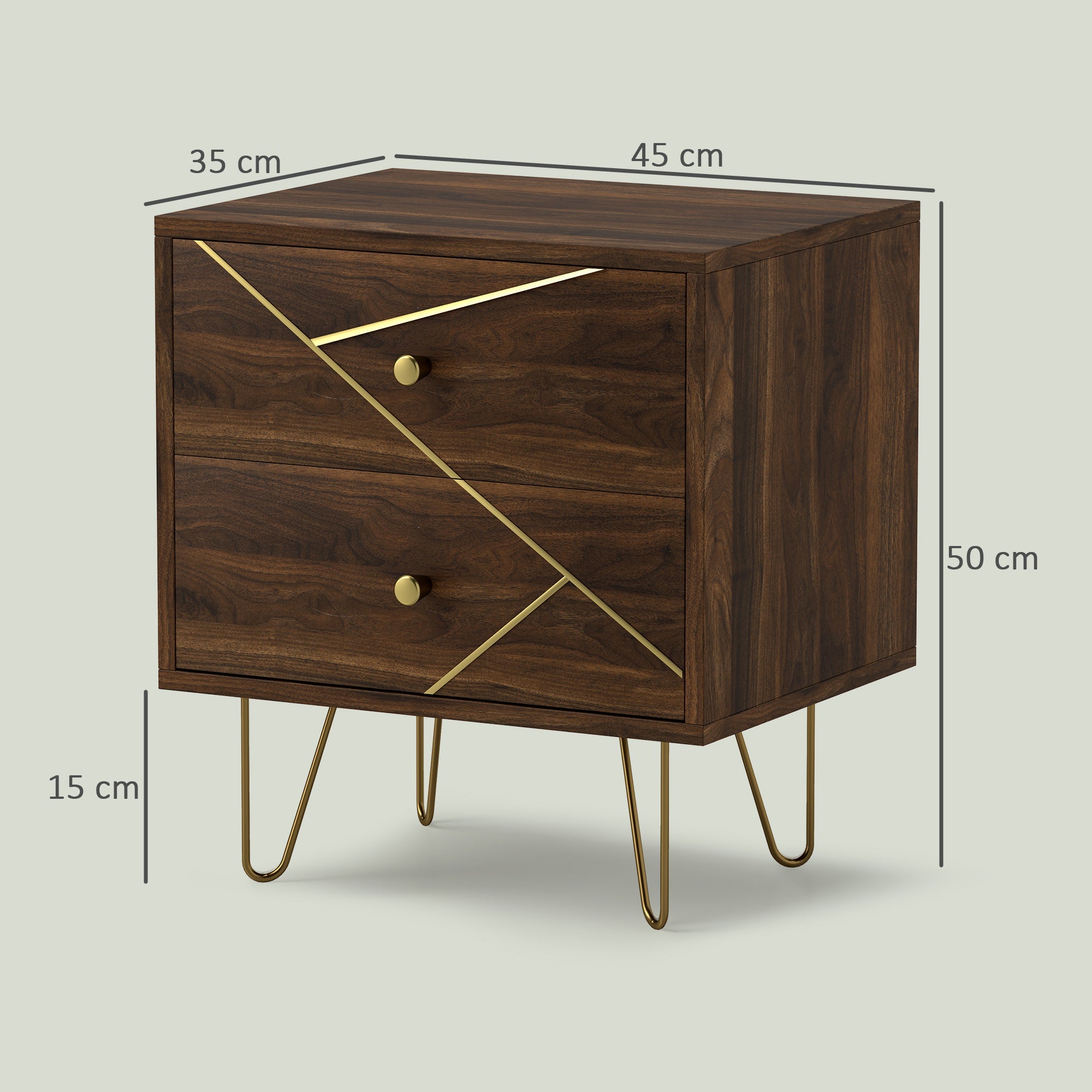 HOMCOM Bedside Tables Set of 2, Modern Side Table Set with 2 Drawers and Steel Hairpin Legs, Nightstand for Bedroom, Brown Wood Grain 