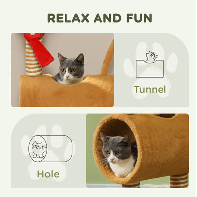 PawHut 98cm Deer-Designed Cat Tree with Scratching Posts, Toy Ball, Tunnel, Brown 