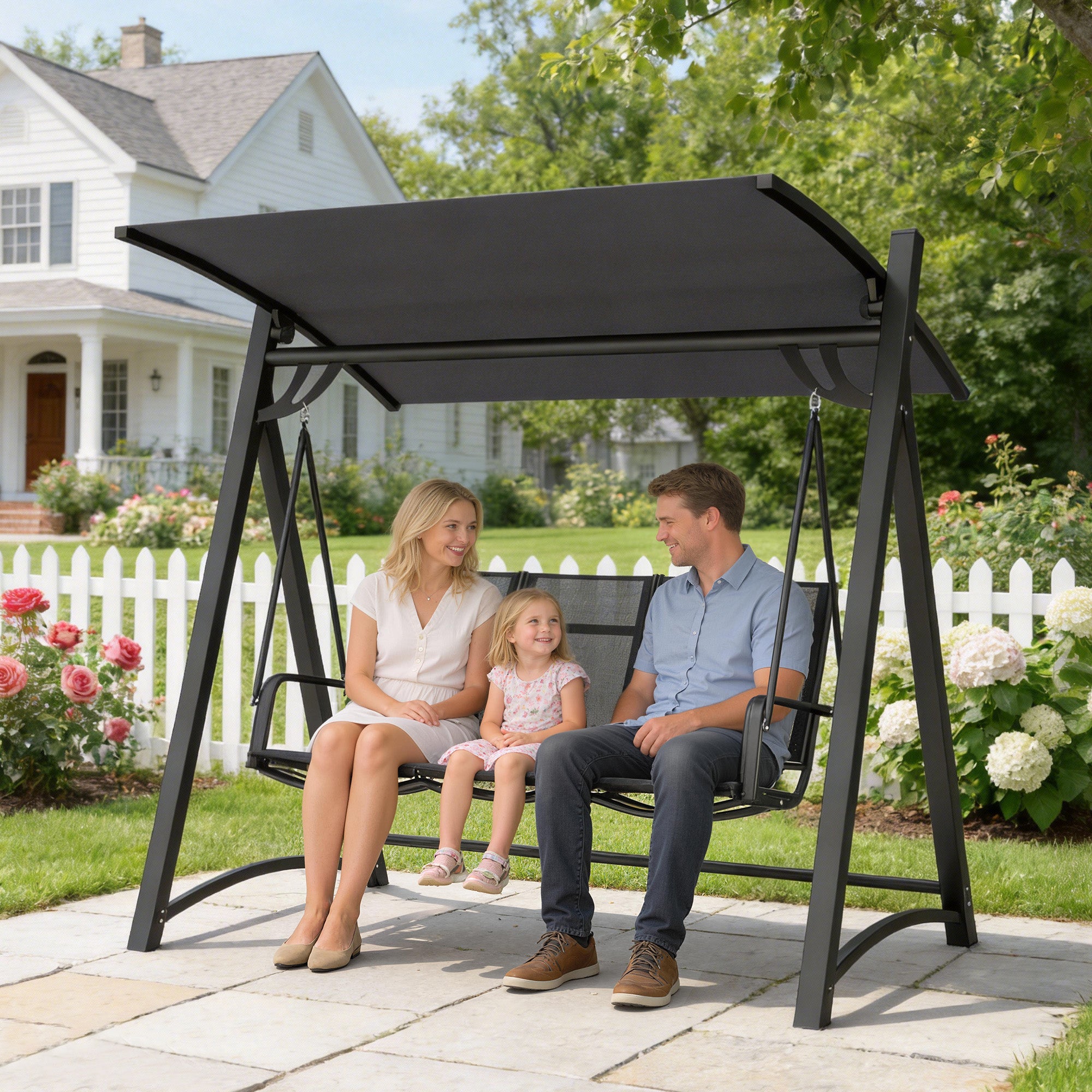 Outsunny 3 Seater Swing Chair, Garden Swing Bench with Adjustable Tilting Canopy, Breathable Mesh Seat 360 kg Capacity, Grey 