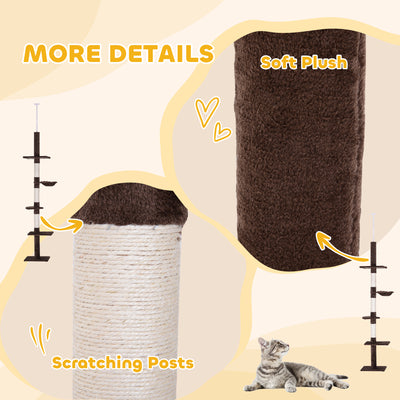 PawHut Floor to Ceiling Cat Tree for Indoor Cats 5-Tier Kitty Tower Climbing Activity Center Scratching Post Adjustable Height 230-260 cm Brown 