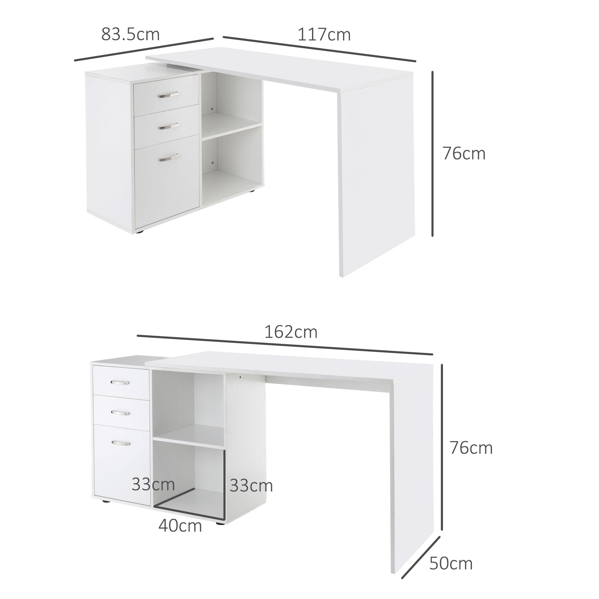 HOMCOM L Shaped Computer Desk, Reversible Home Office Desk with Drawers, File Cabinet and Storage Shelves, Study Table, 117 x 83.5 x 76cm, White 