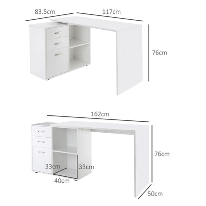 HOMCOM L Shaped Computer Desk, Reversible Home Office Desk with Drawers, File Cabinet and Storage Shelves, Study Table, 117 x 83.5 x 76cm, White 