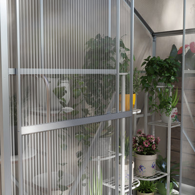 Outsunny 6 x 2.5ft Polycarbonate Greenhouse Walk-In Green House with Rain Gutter, Sliding Door, Window, Foundation, Silver 