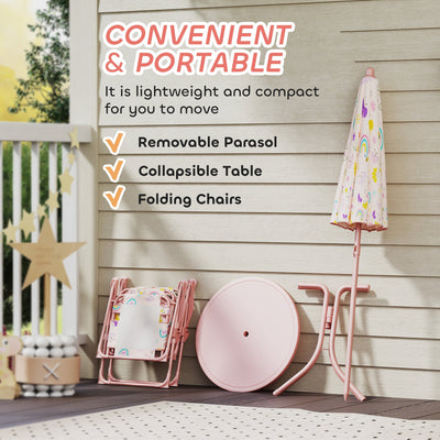 AIYAPLAY 4 Pieces Kids Garden Table and Chair Set with Adjustable Parasol, Folding Chairs, Table, Rainbow Pattern, Pink 