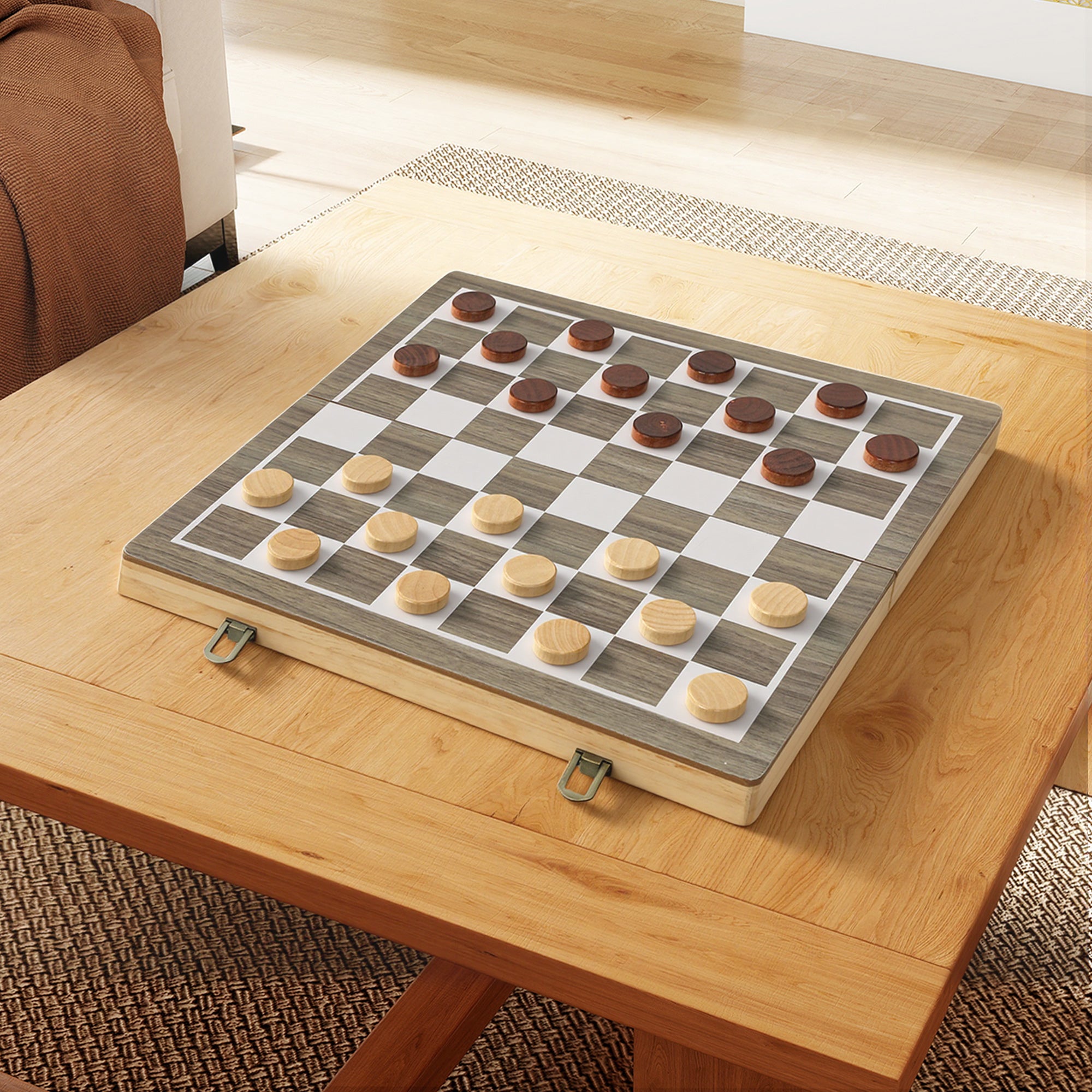 SPORTNOW 15 Inch Chess Set, Foldable Chess and Draughts Set, Brown 