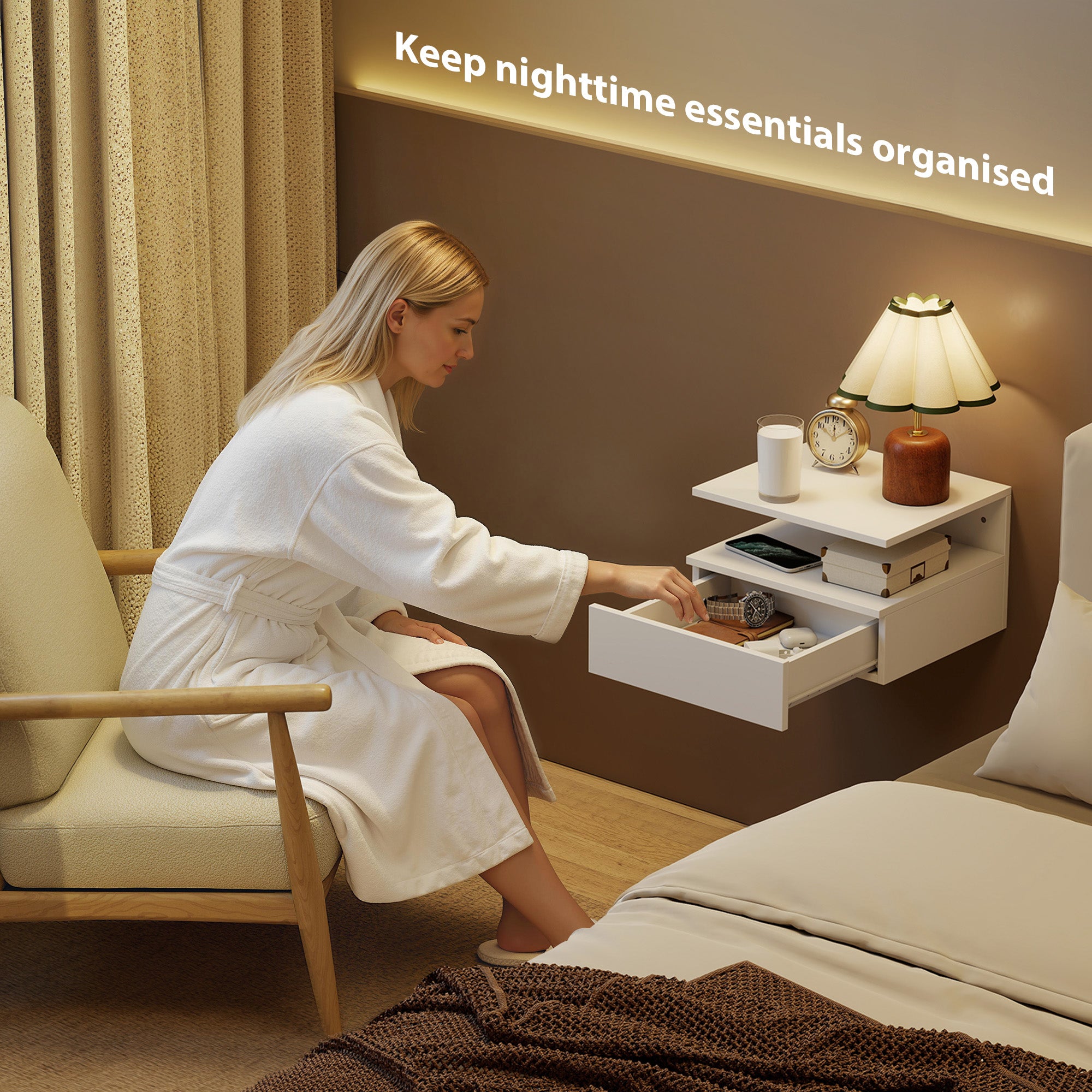 HOMCOM Set of Two Floating Bedside Tables - White 