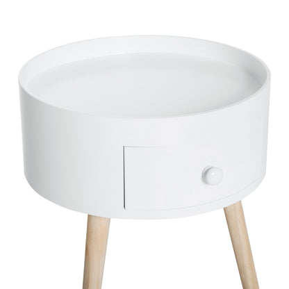 HOMCOM Modern Side Table, Small Coffee Table, Round Bedside Table with Drawer and Wood Legs for Living Room, Bedroom, White 