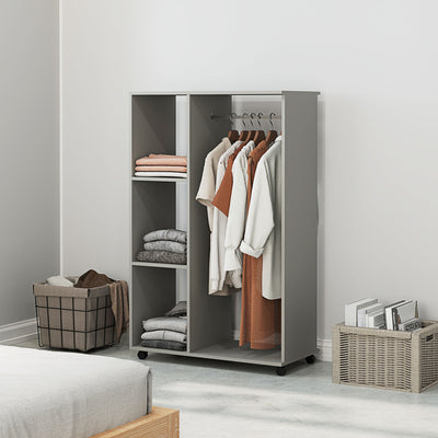 HOMCOM Open Wardrobe on Wheels with Clothes Rail, Bedroom Clothes Storage with Hanging Rod, 3 Storage Shelves, Mobile Garment Rack for Cloakroom, Hallway, Grey 