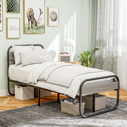 HOMCOM 3ft Single Bed Frame, Industrial Style Metal Platform Bed Frame with Under Bed Storage, No Box Spring Needed, Easy Assembly, Grey