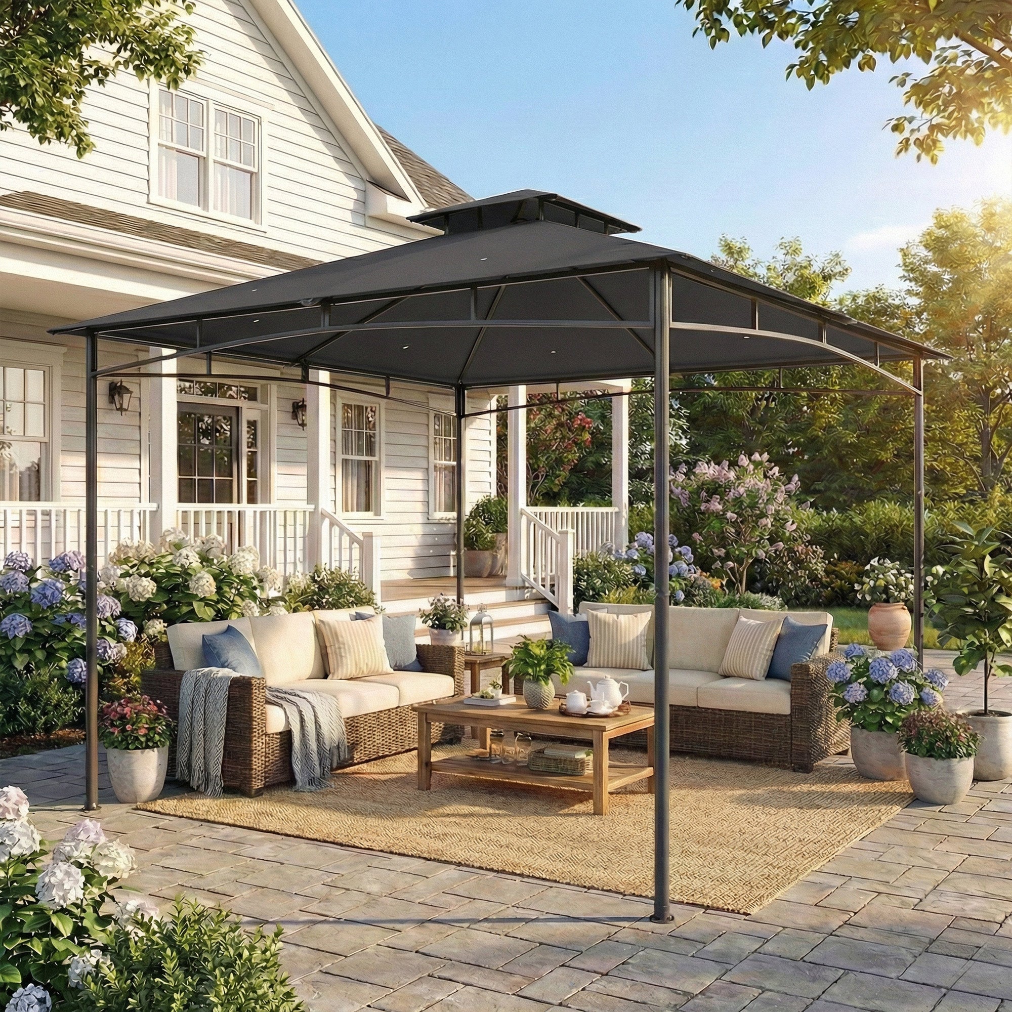 Outsunny 3 x 3 m Gazebo, Garden Gazebo with 2-Tier Roof, Metal Frame, Dark Grey 