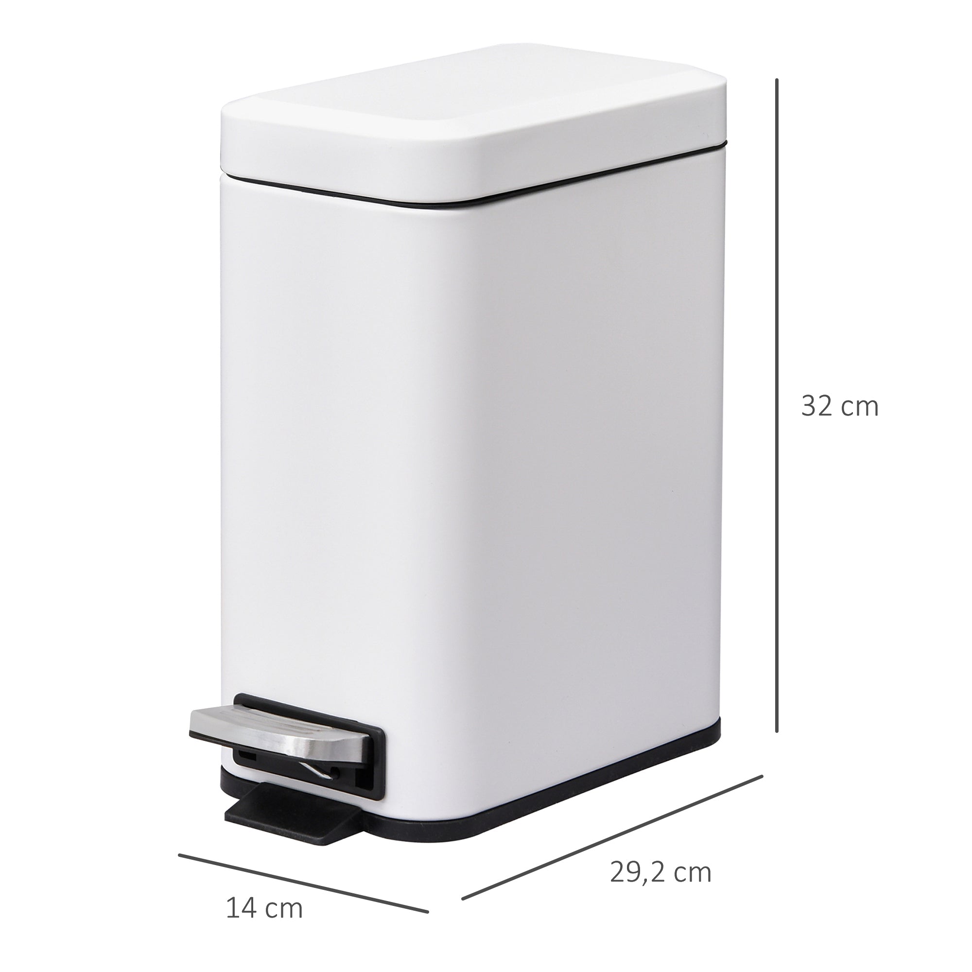 HOMCOM 5L Rectangular Compact Bin Steel Body Removable Bucket Quiet-Close Lid w/ Pedal Lid Rubbish Trash Can Home Office Bedroom Bathroom Living Room Garbage Tidy Clean White 
