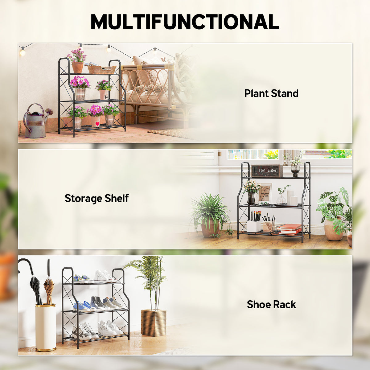 Outsunny 3-Tier Metal Plant Stand, Heavy Duty Ladder Shelf Potted Plants Display Rack, Indoor Outdoor Flower Pot Holder 