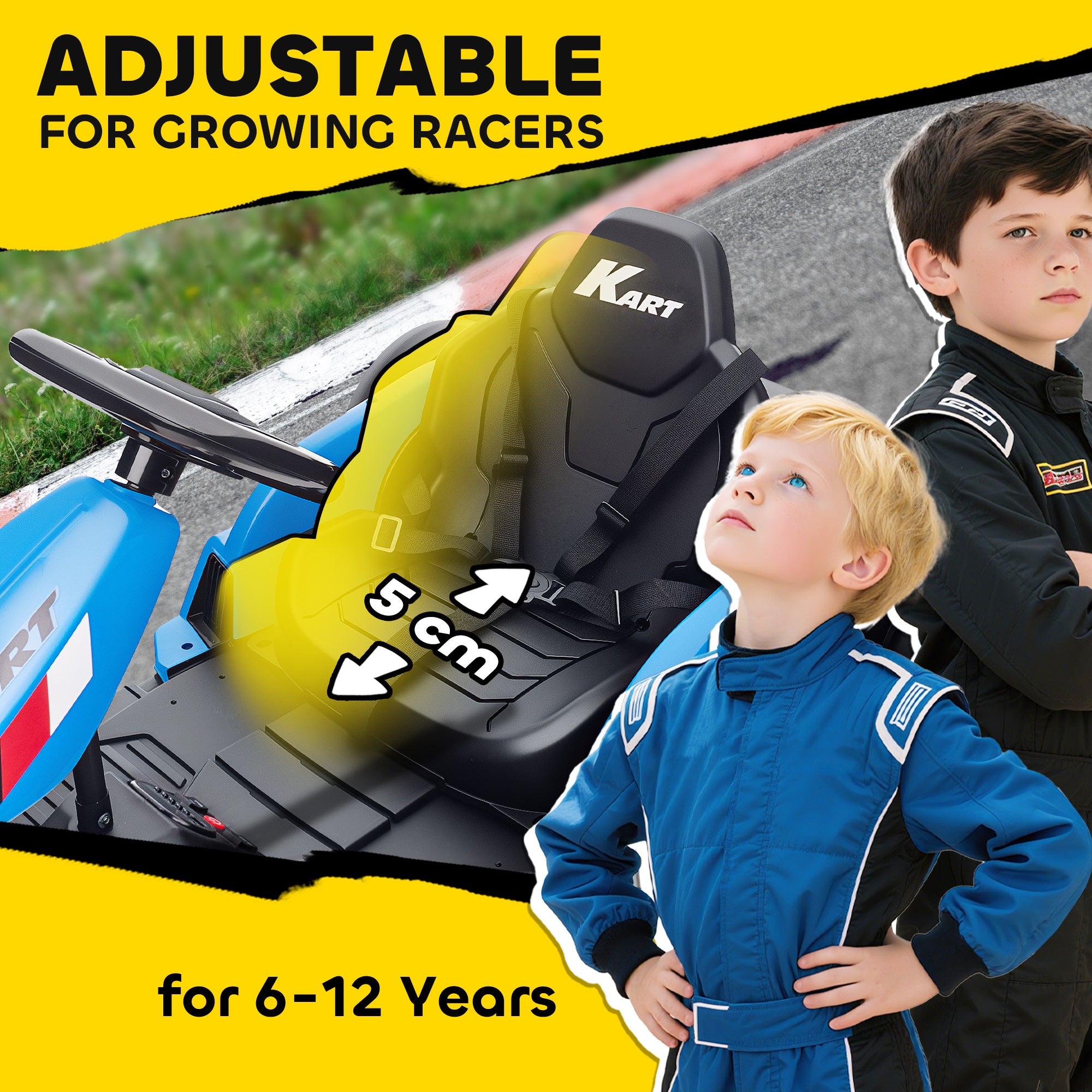 AIYAPLAY 24V Electric Go Kart, Drift Kart with Adjustable Seat, Slow Start, 5-Point Harness, Music, Horn, for 6-12 Years, Blue 
