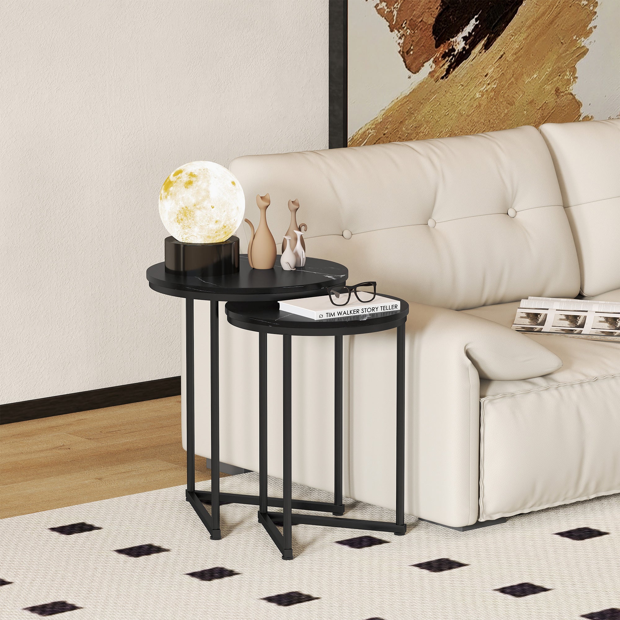 HOMCOM Set of Two Marble-Effect Nest of Tables - Black Marble Effect 