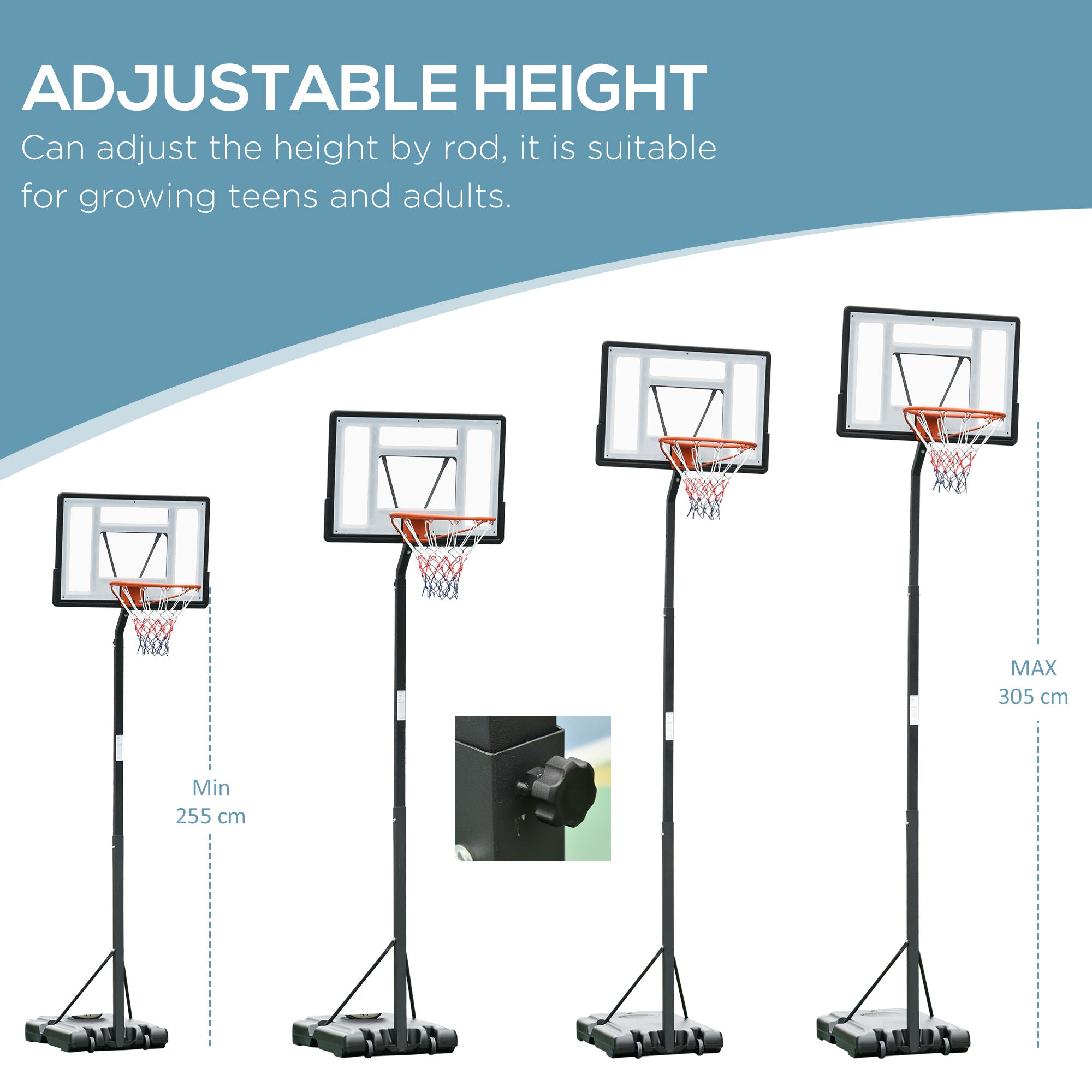 HOMCOM Basketball Hoop Freestanding 255-305cm Hoop Height Adjustable Stand with Backboard Wheels for Teens Adults Black 