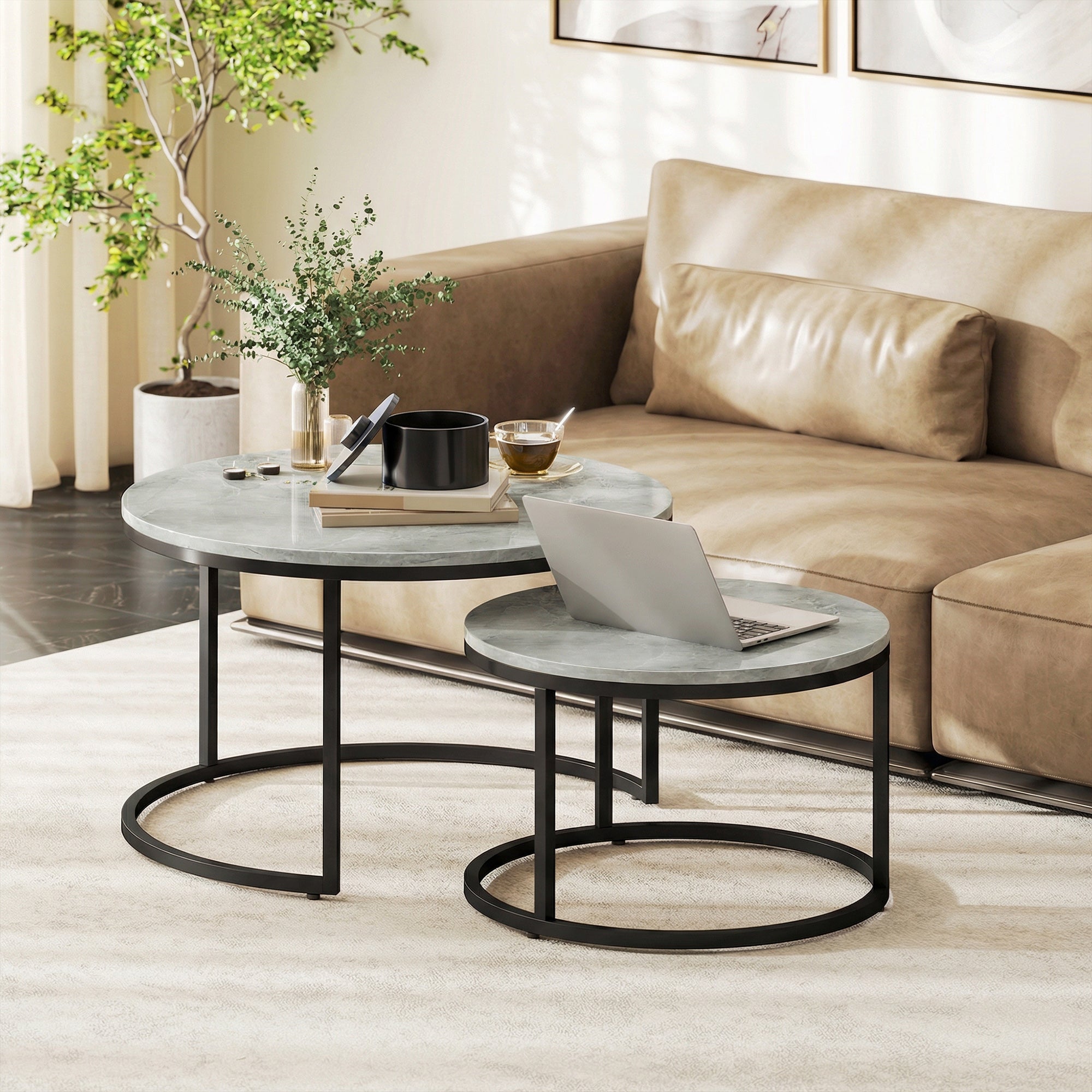 HOMCOM Set of Two Marble-Effect Stacking Tables - Grey 