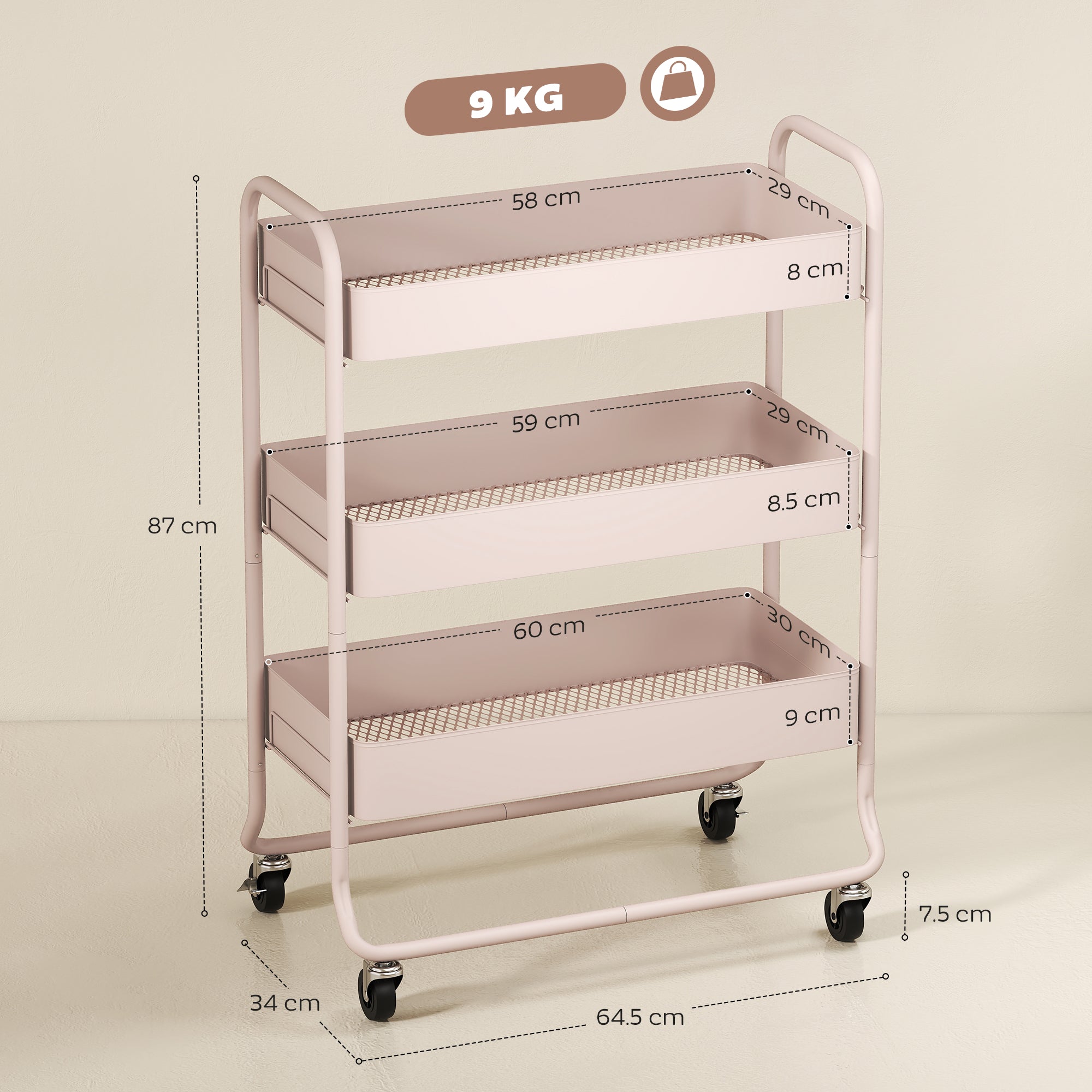 HOMCOM 3-Tier Storage Trolley on Wheels, Rolling Utility Cart with Mesh Backets for Kitchen, Bathroom, Bedroom, Light Pink 