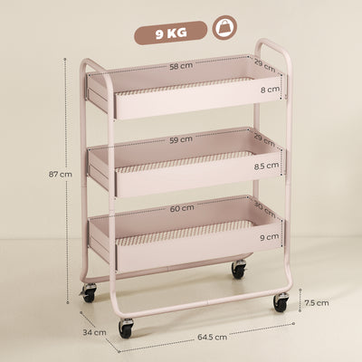 HOMCOM 3-Tier Storage Trolley on Wheels, Rolling Utility Cart with Mesh Backets for Kitchen, Bathroom, Bedroom, Light Pink 
