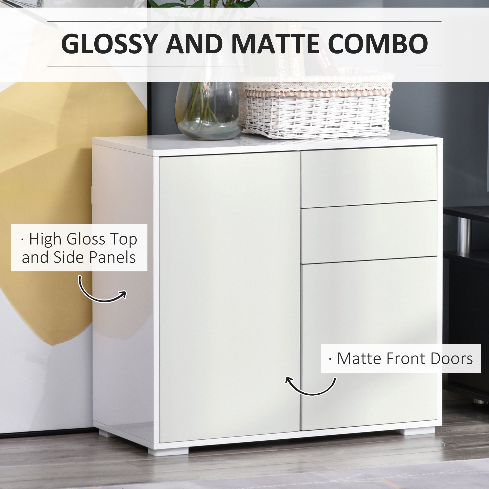 HOMCOM High Gloss Frame Sideboard, Push-Open Design with 2 Drawer for Living Room, Bedroom, 74H x 79W x 36Dcm, White 