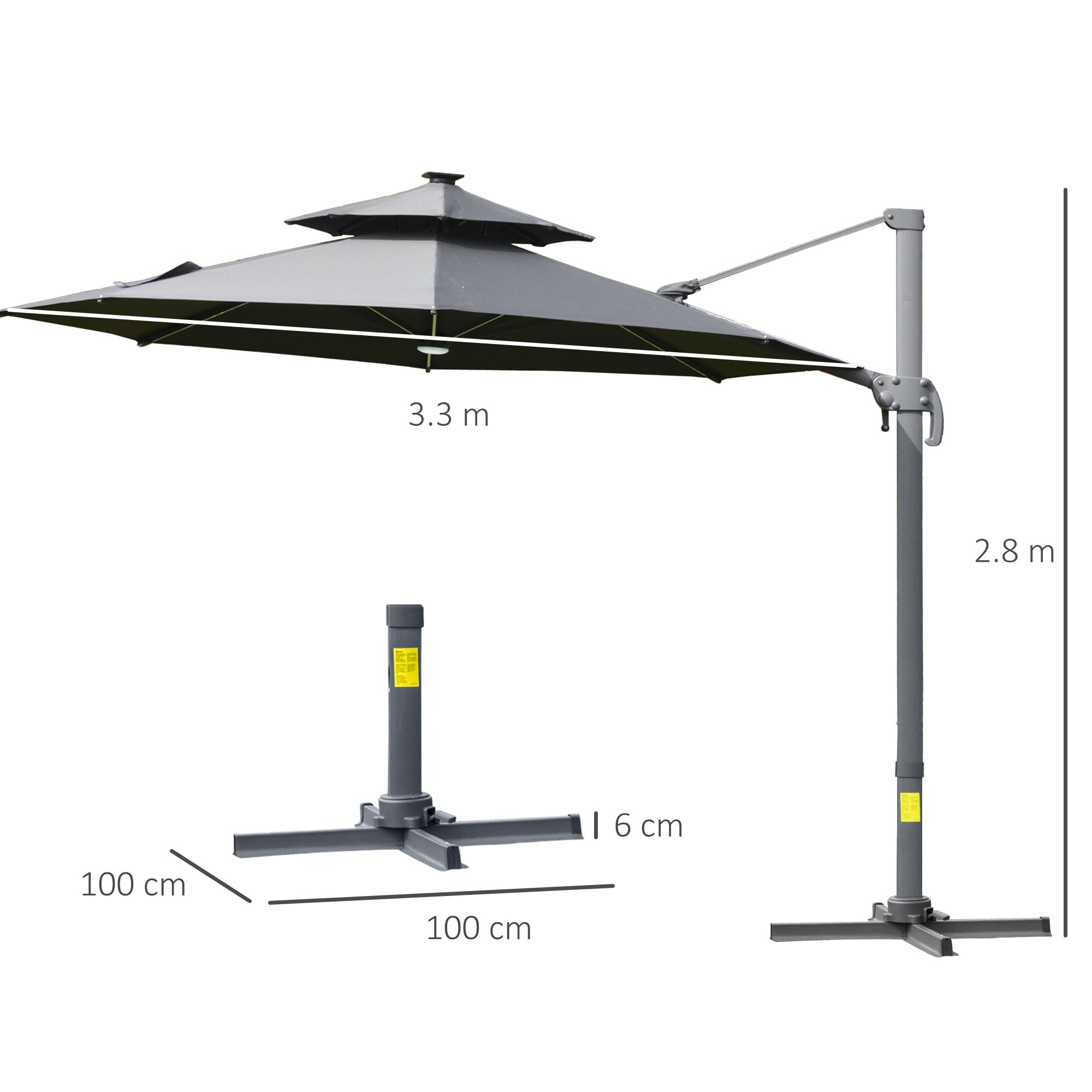 Outsunny 3m Cantilever Parasol w/ Solar Lights Power Bank Base 360° Spin Dark Grey 