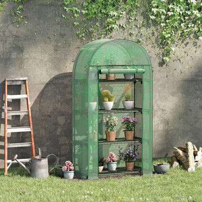 Outsunny 4 Tier Mini Greenhouse for Outdoor, Portable Gardening Plant Green House with Storage Shelf, Roll-Up Zipped Door, Metal Frame and PE Cover, 80 x 49 x 160cm, Green 