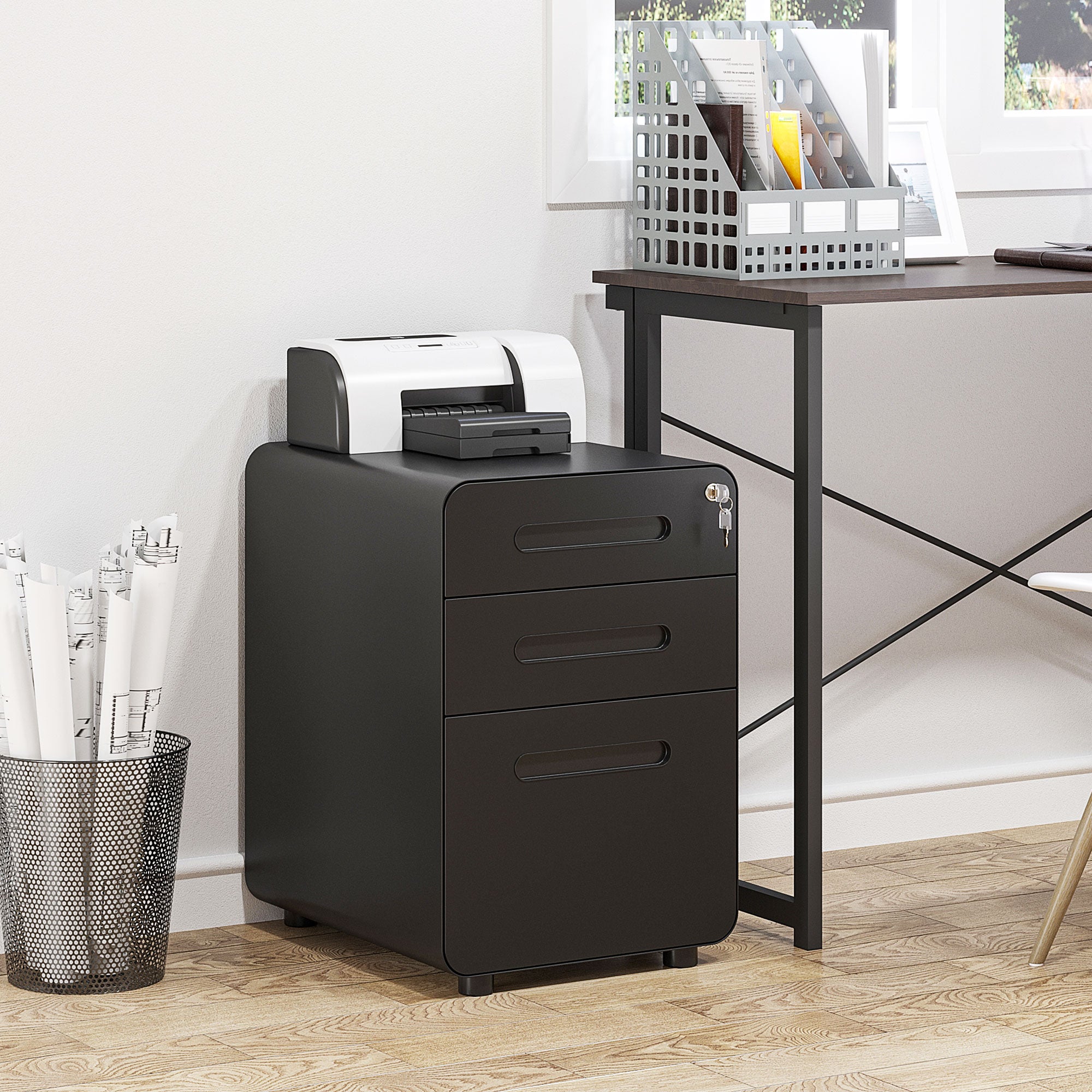 Vinsetto Lockable File Cabinet with 3 Drawers, Vertical Office Drawer for A4, Letter, Legal Size, Anti-tilt Design, Pre-Assembled Body, Black 