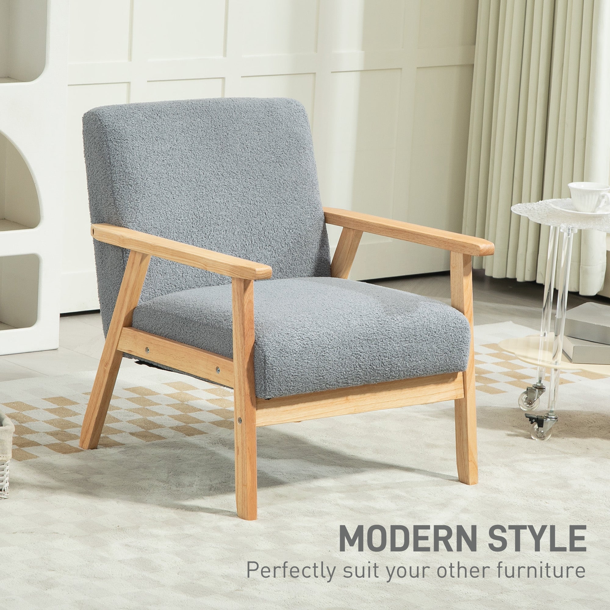 HOMCOM Accent Chair Wood Frame with Thick Cashmere Cushions Wide Seat Armchair Home Furniture Bedroom Office Grey 