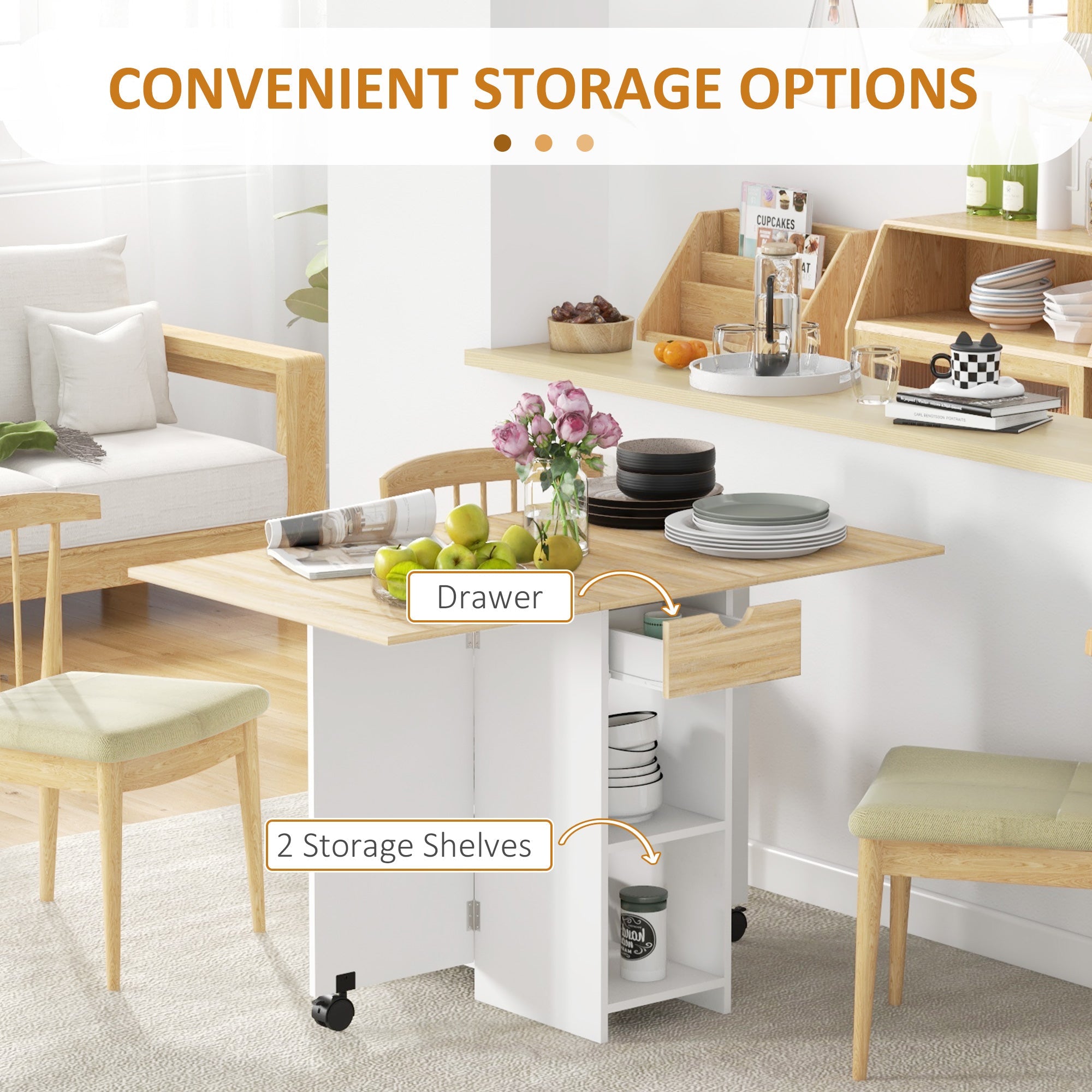 HOMCOM Folding Dining Table, Drop Leaf Table for Small Spaces, Foldable Table with Drawer and Storage Shelves for Kitchen, Dining Room, Oak 