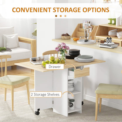 HOMCOM Folding Dining Table, Drop Leaf Table for Small Spaces, Foldable Table with Drawer and Storage Shelves for Kitchen, Dining Room, Oak 